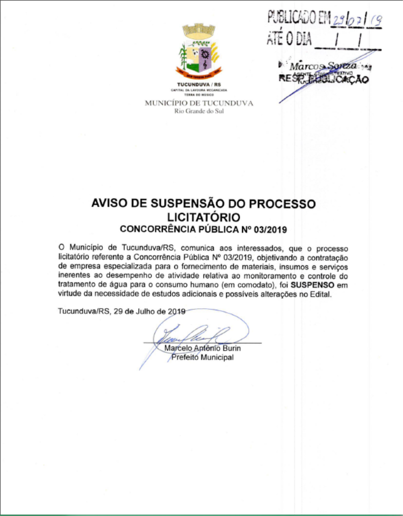 AVISO DE SUSPENSÃO - CONCORRÊNCIA Nº 03/2019